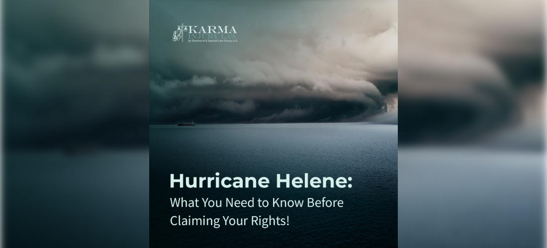 Dark stormy ocean with heavy clouds looming, featuring Karma Injury Law logo and text: “Hurricane Helene: What You Need to Know Before Claiming Your Rights.”