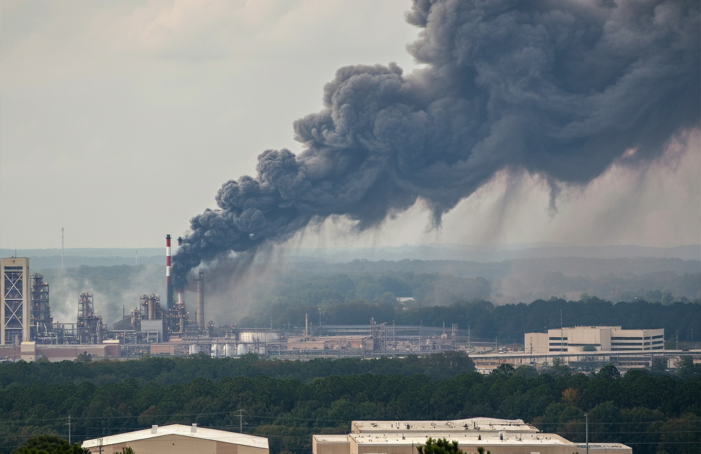 Smoke rising from the chemical plant fire in Conyers, GA, concerned residents watching emergency responders address the incident.
